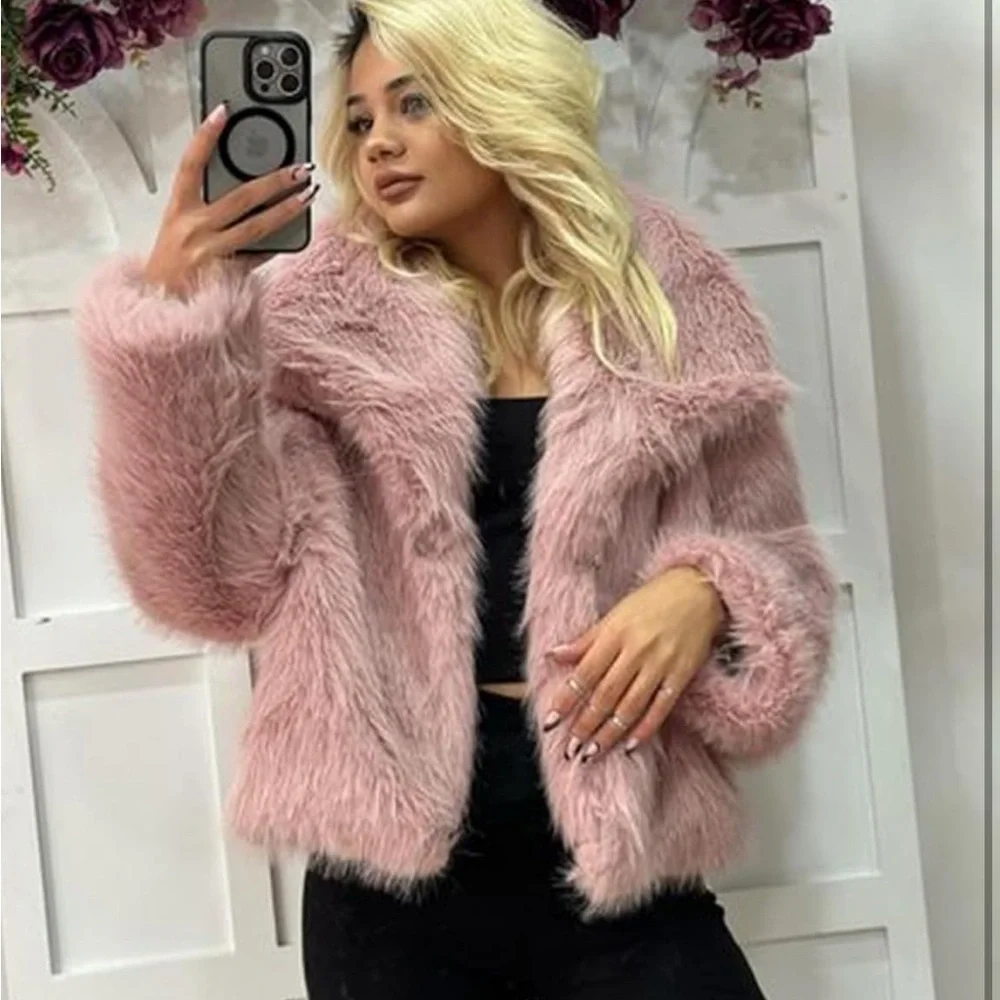 Women's Pink Faux Fur Jacket shaggy faux fur coat_2